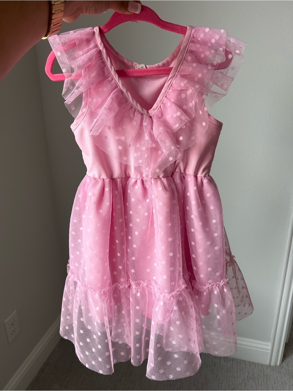 Girls Pink Polka Dot Ruffle Tulle Dress